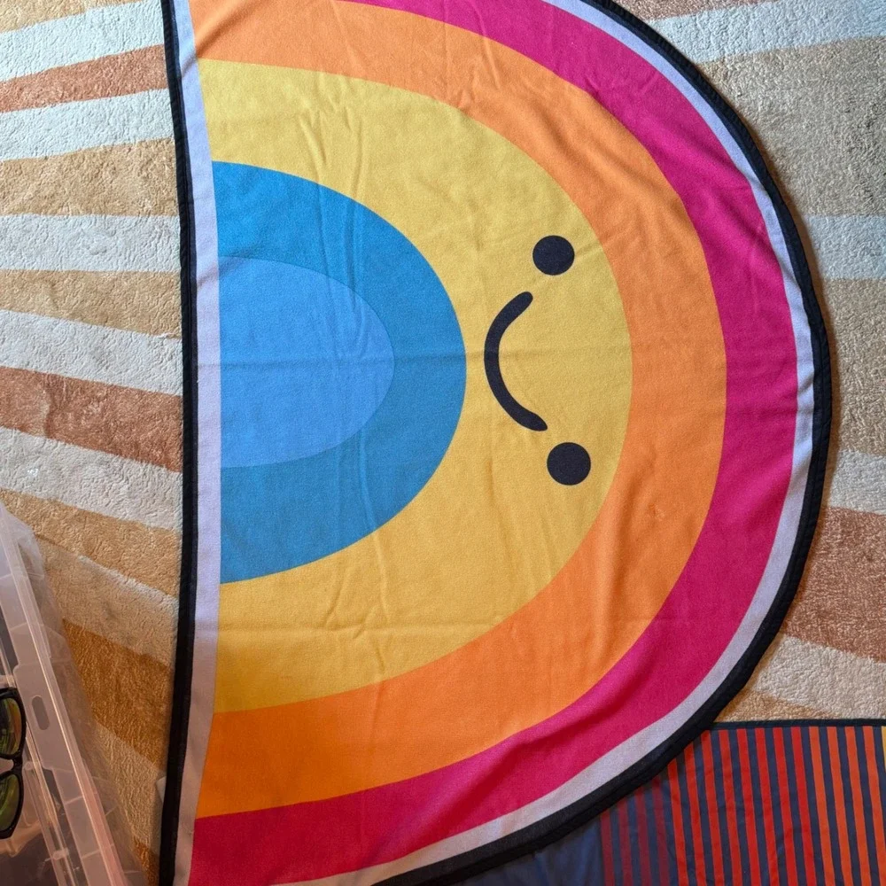 Rainbow Smiley Face Oversized Beach Towel  Retro Colorful Dopamine Pool Towel